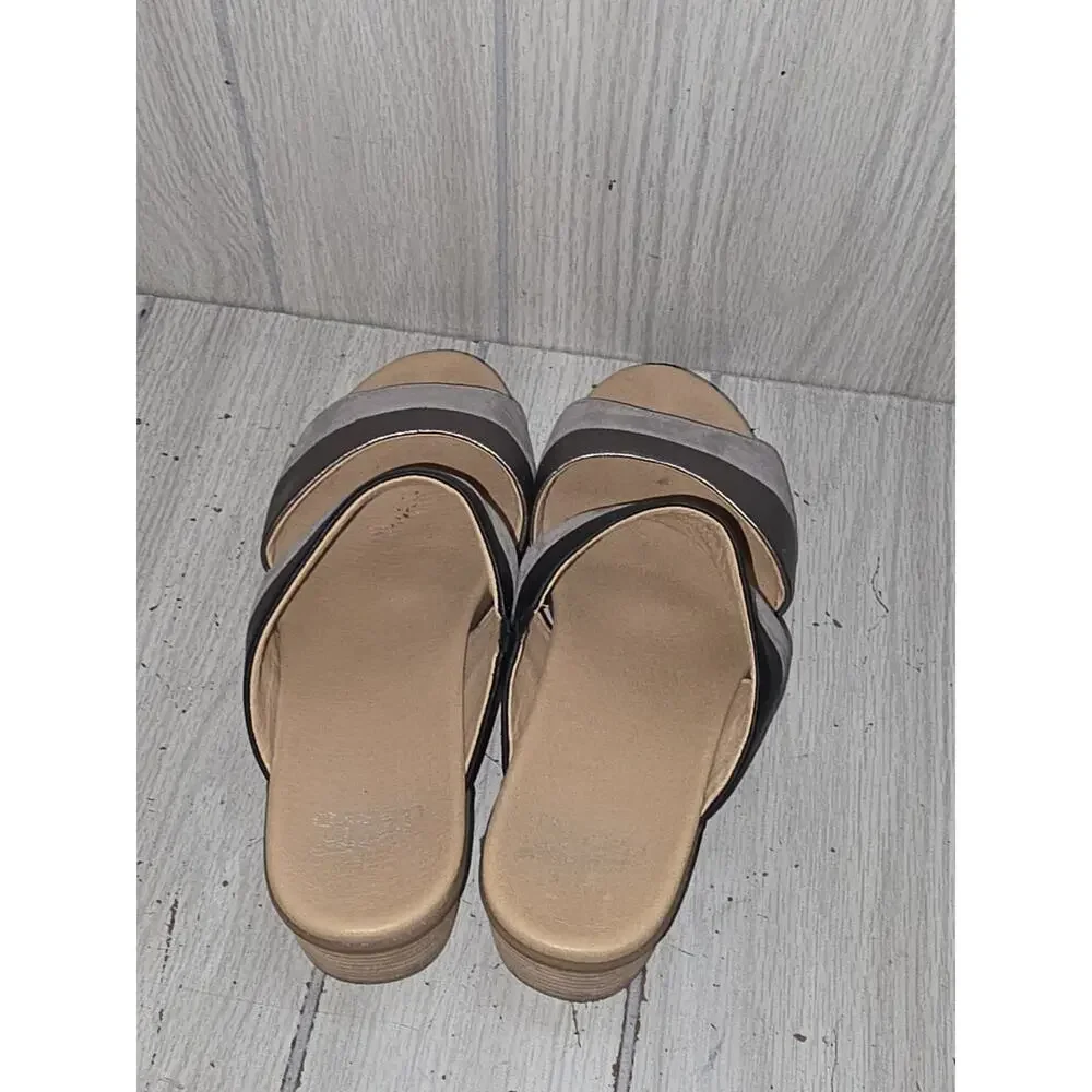 Dansko Theresa Slide Sandals Gray Black Leather Block Heel Shoes US 9 Boho